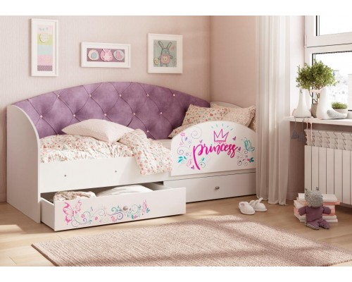 Кровать детская с ящиками Эльза Фиолетовый велюр