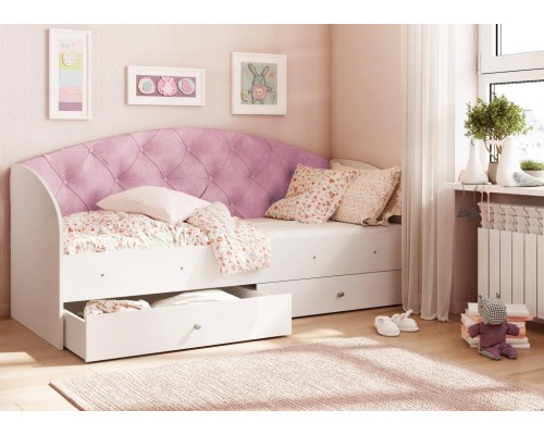 Кровать детская с ящиками Эльза Розовый велюр