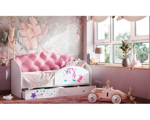 Кровать детская с ящиком Звездочка Розовый велюр