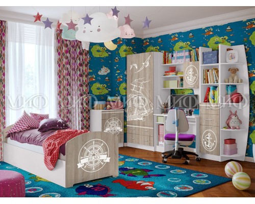 Детская комната Юниор-2 Немо Белый, Дуб Сонома с фотопечатью